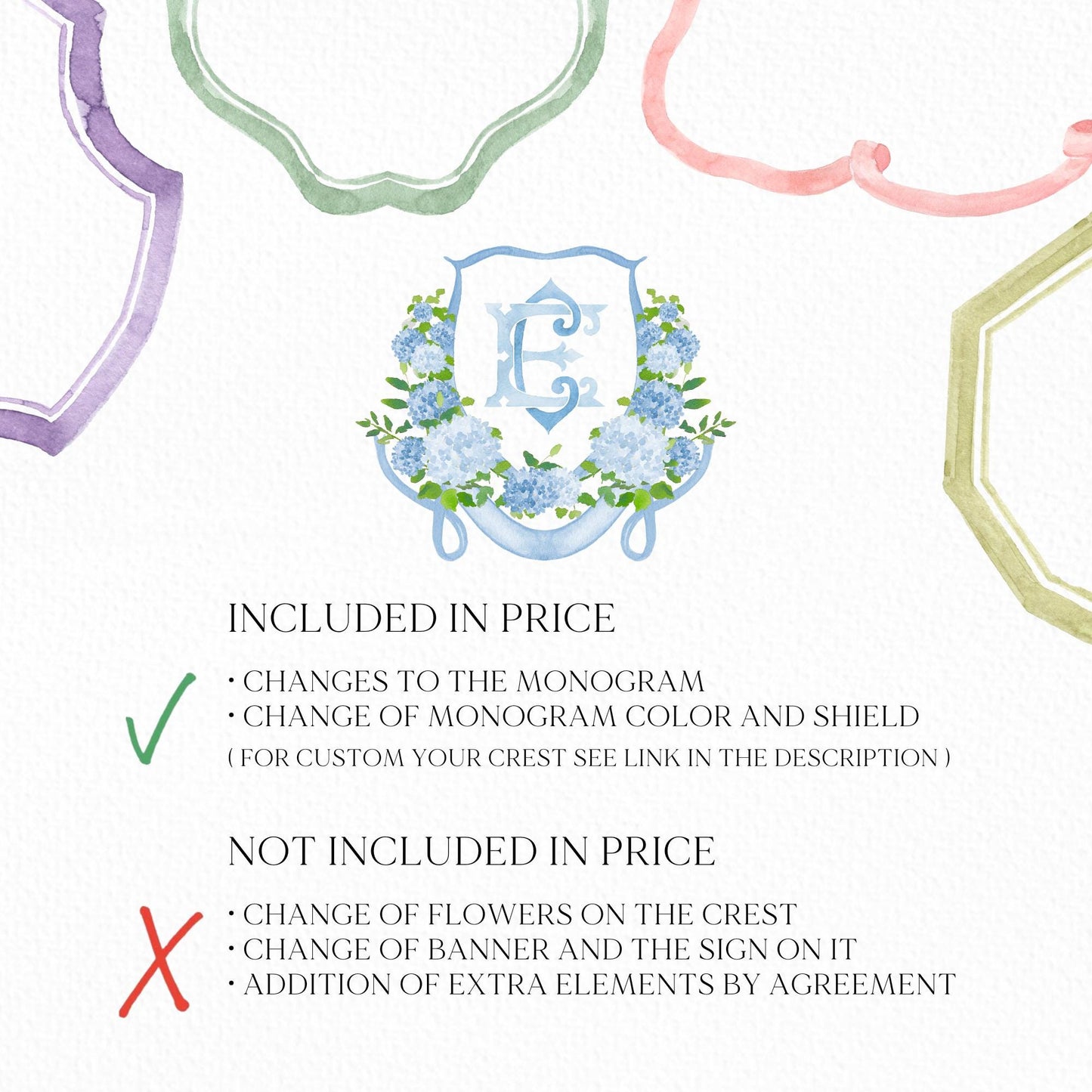 Hydrangea Flower Wedding Crest - Monogram Crest - Hydrangea Floral Luxury Watercolor Wedding Crest - Romantic Wedding Crest- Boho Hydrangea