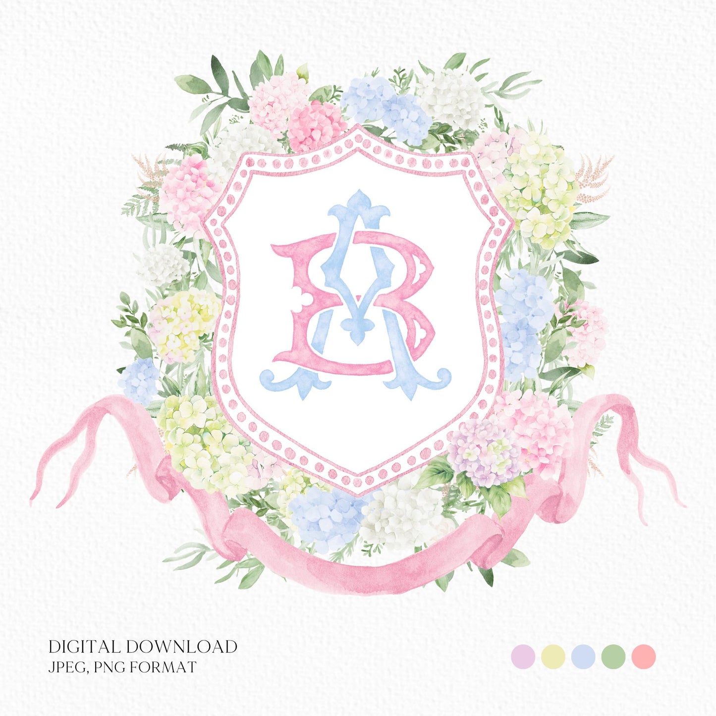 Blue White Pink Hydrangea Flower Wedding Crest - Monogram Crest - Pastel Color Hydrangea Floral Luxury Watercolor Wedding Crest