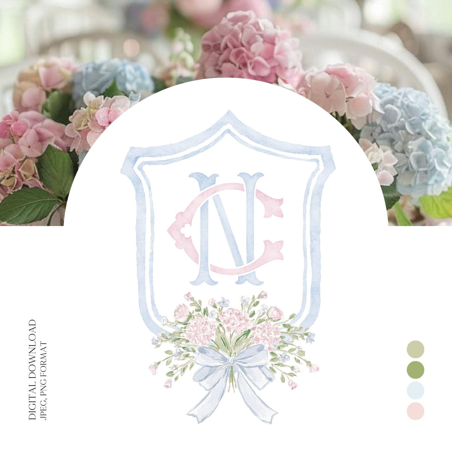 Hydrangea Pink Green Floral Wedding Crest - Monogram Crest - Green Baby's Breath Hydrangea Floral Luxury Watercolor Wedding Crest