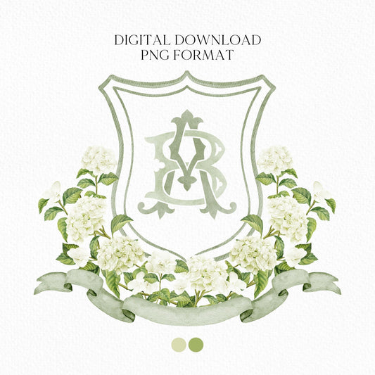 White Hydrangea Flower Wedding Crest - Monogram Crest - Hydrangea Floral Watercolor Wedding Crest - Romantic Wedding Crest - Boho Hydrangea
