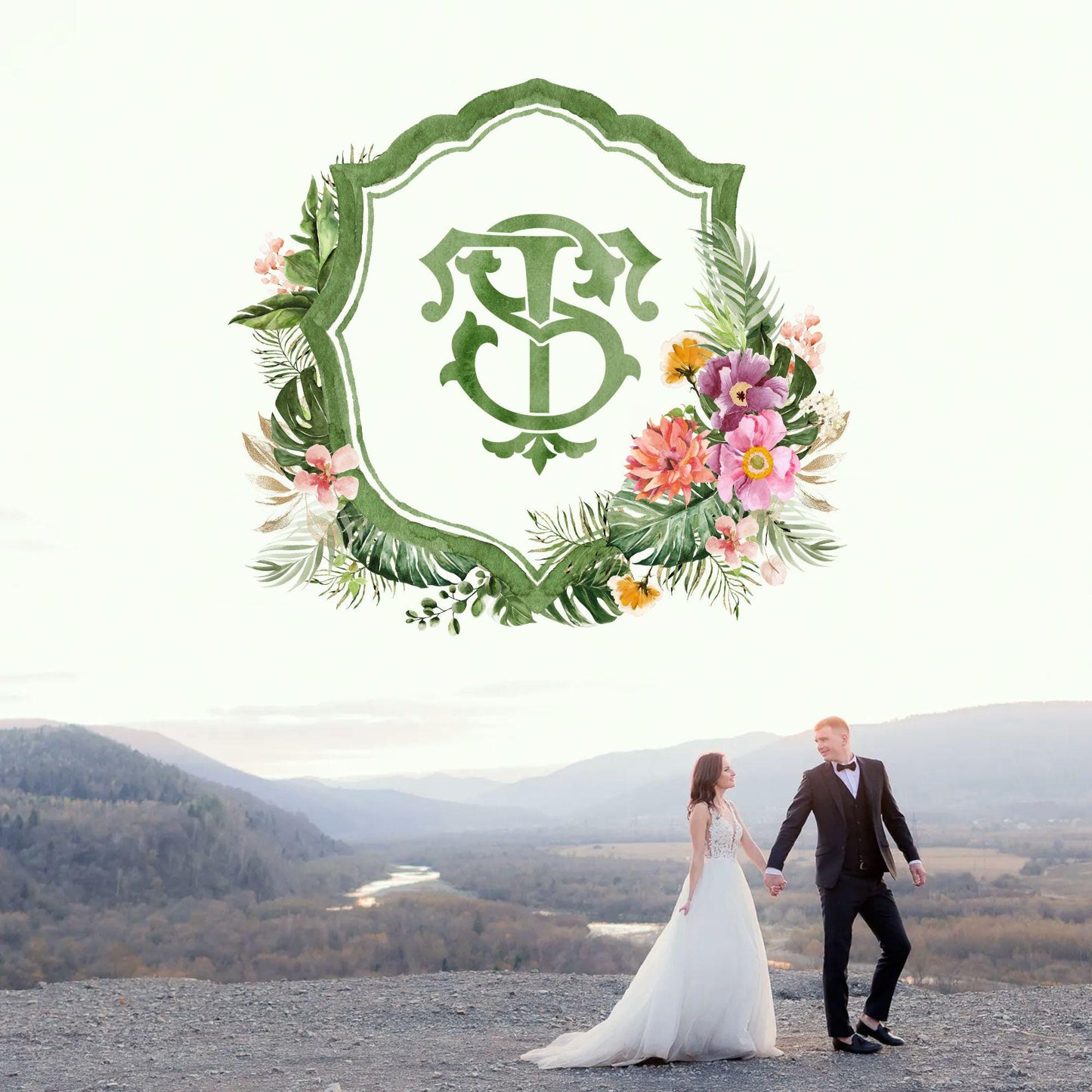 Tropical Watercolor Flowers Wedding Crest - Monogram Crest - Greenery Floral Blue Watercolor Wedding Crest - Romantic Wedding Crest