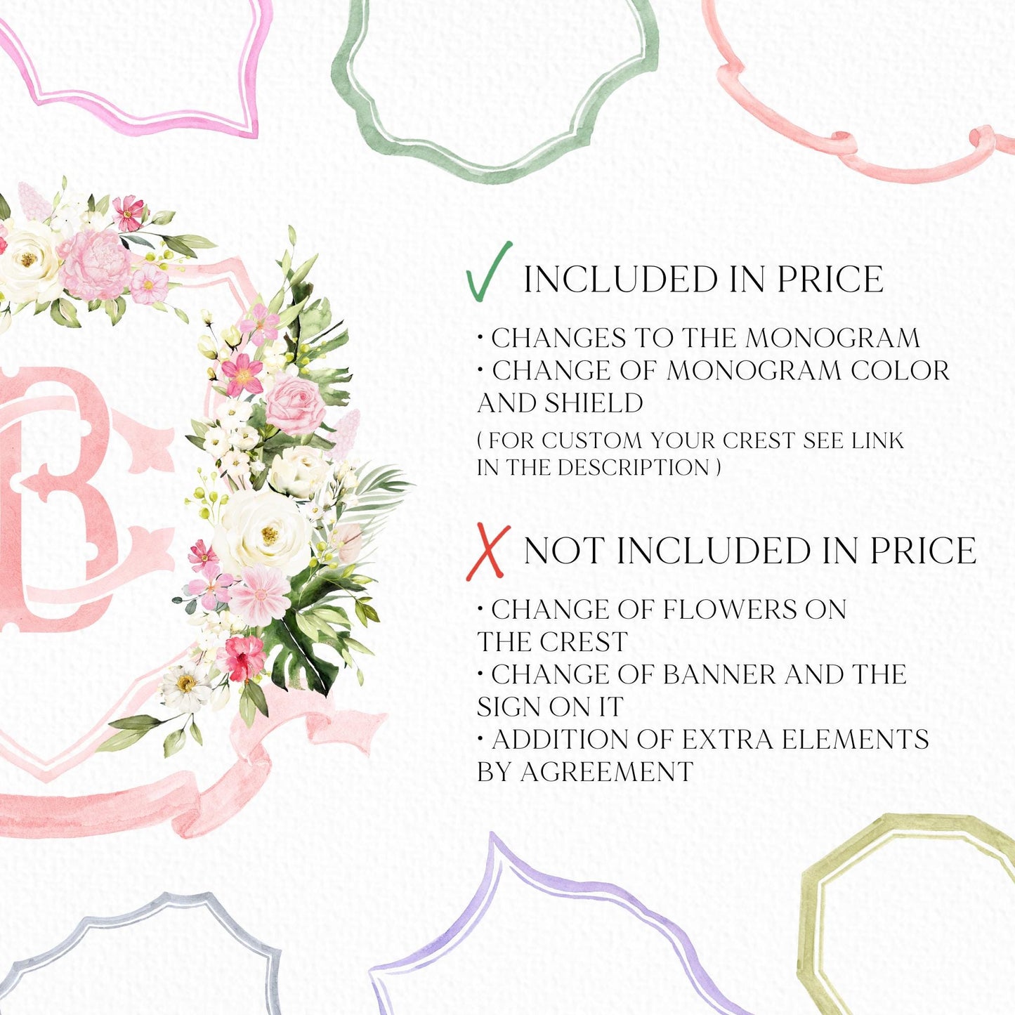 White Roses Floral Watercolor With  Palm Wedding Crest - Monogram Crest - Tropical Palm Watercolor Flowers Wedding Crest - Romantic Wedding