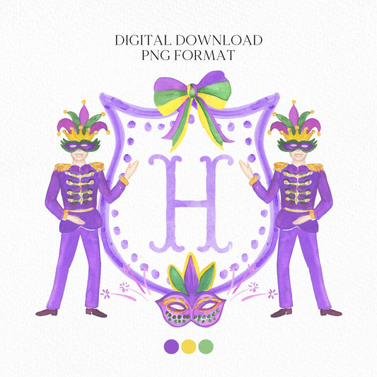 Mardi Gras New Orleans Crest Watercolor Wedding Crest - Monogram Crest - Mardi Gras Watercolor Wedding Crest Romantic Wedding Crest