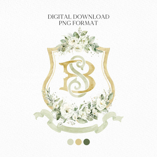 Crest Geometric White Flower Wedding Crest - Monogram Crest - Geometric Floral Luxury Watercolor Wedding Crest - Romantic Wedding Crest