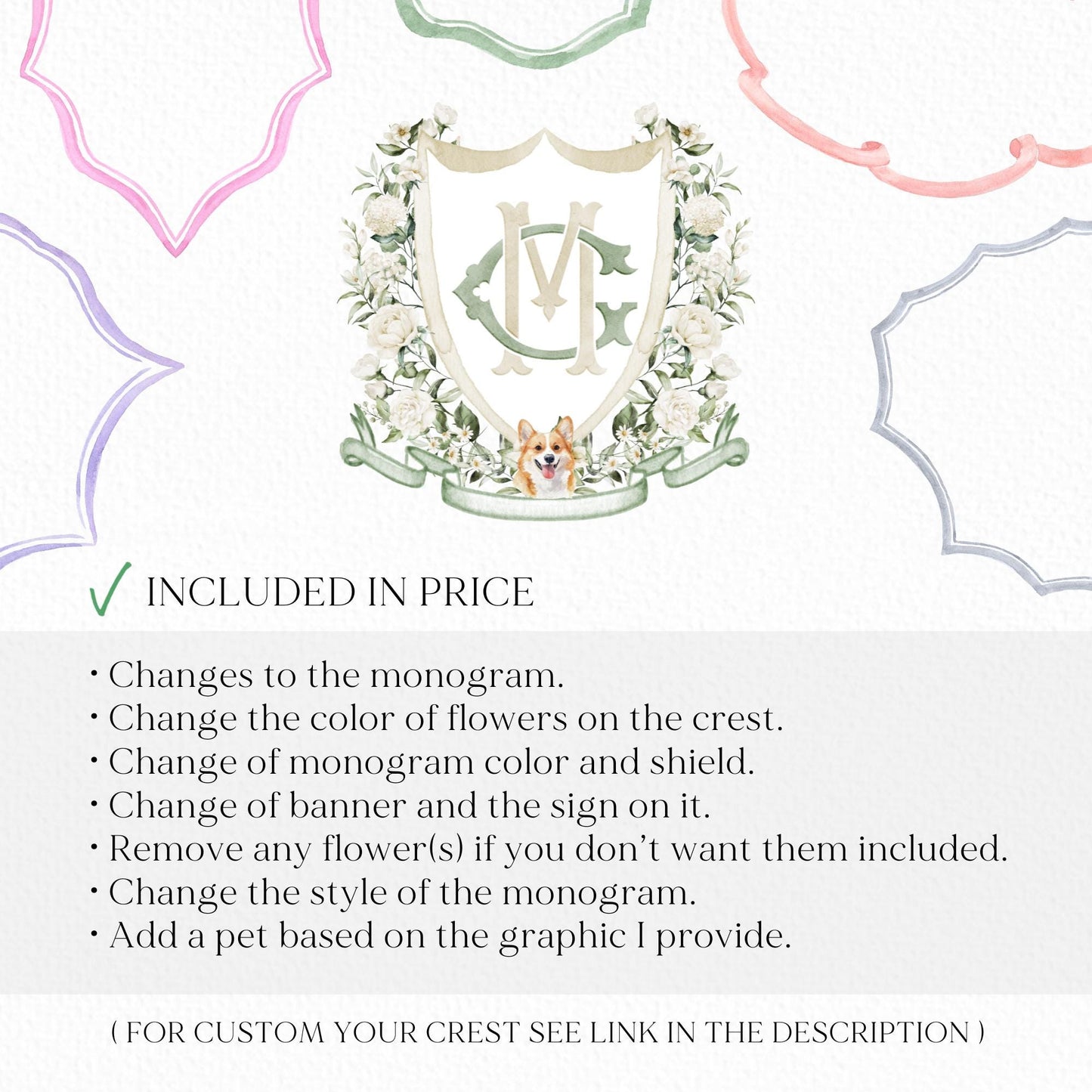 Hydrangea White Rose Greenery Flower Wedding Crest - Monogram Crest - Hydrangea White Floral Watercolor Wedding Crest Romantic Wedding Crest