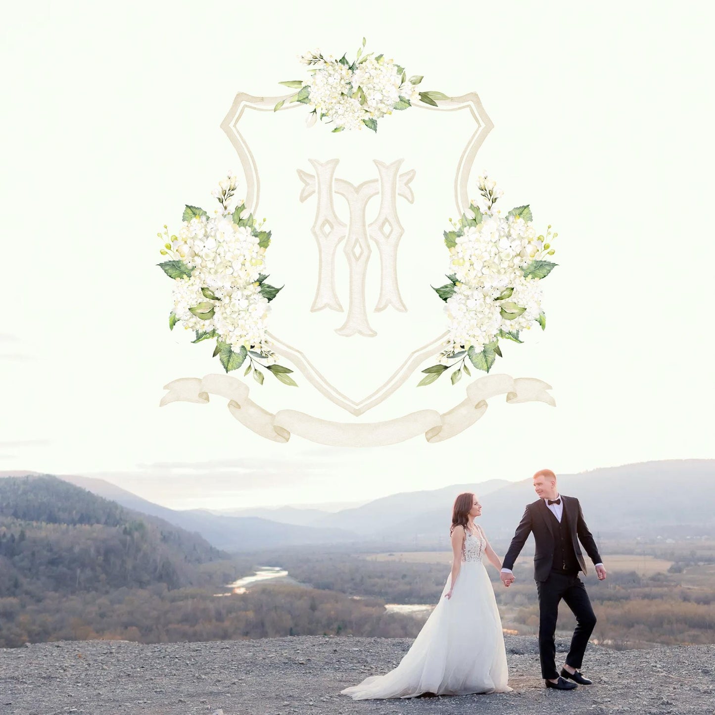 Hydrangea White Flower Wedding Crest - Monogram Crest - White Hydrangea Floral Luxury Watercolor Wedding Crest - Romantic Wedding Crest