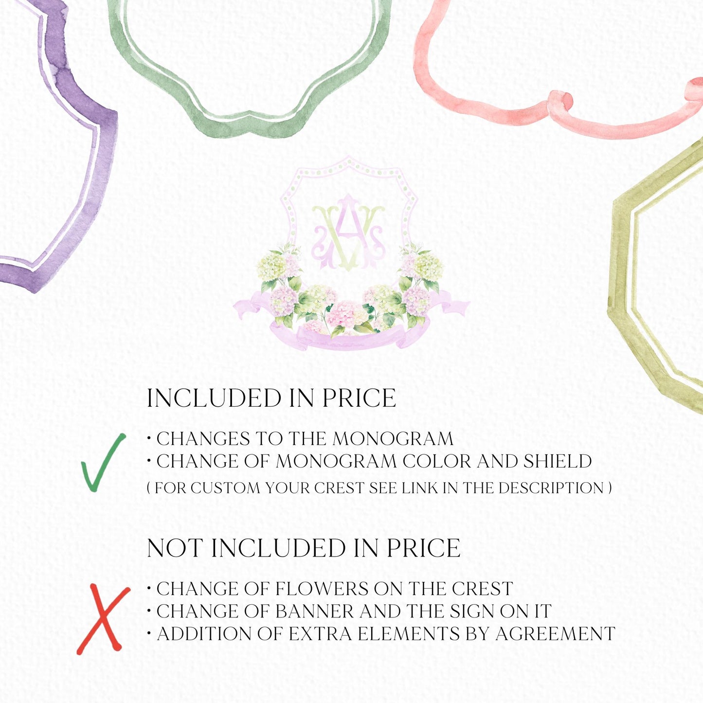 Hydrangea Pink Green Floral Wedding Crest - Monogram Crest - Hydrangea Floral Luxury Watercolor Wedding Crest - Romantic Wedding Crest