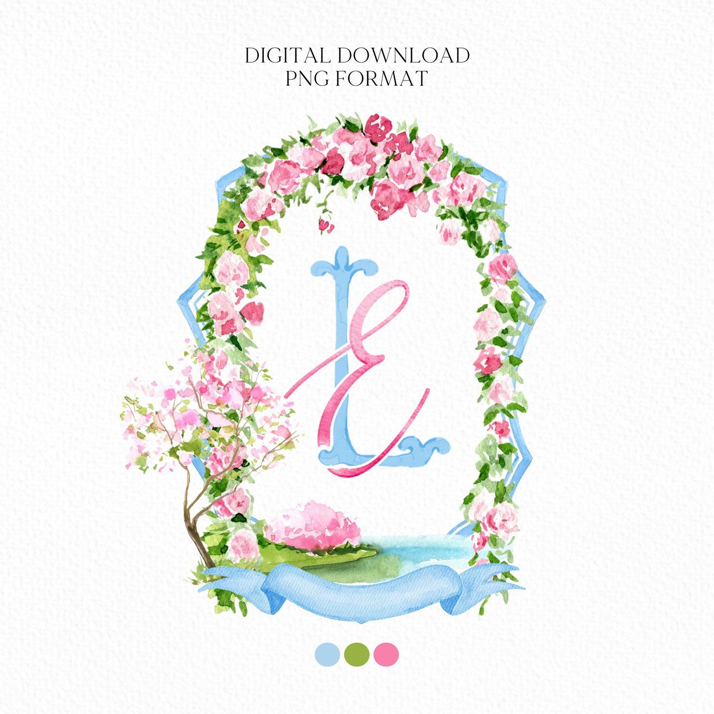 Blossom Tree Floral Garden Watercolor Flower Wedding Crest - Monogram Crest - Floral Watercolor Wedding Crest - Romantic Wedding Crest