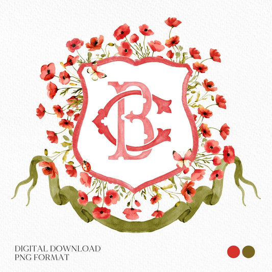 Red Poppy Flower Wedding Crest - Monogram Crest - Watercolor Poppies Floral Luxury Watercolor Wedding Crest - Romantic Wedding Crest