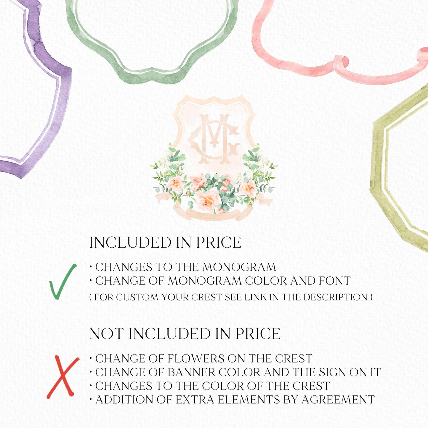 Peach Greenery Floral Eucalyptus watercolor Wedding Crest - Monogram Crest - Floral Luxury Watercolor Wedding Crest - Romantic Wedding Crest