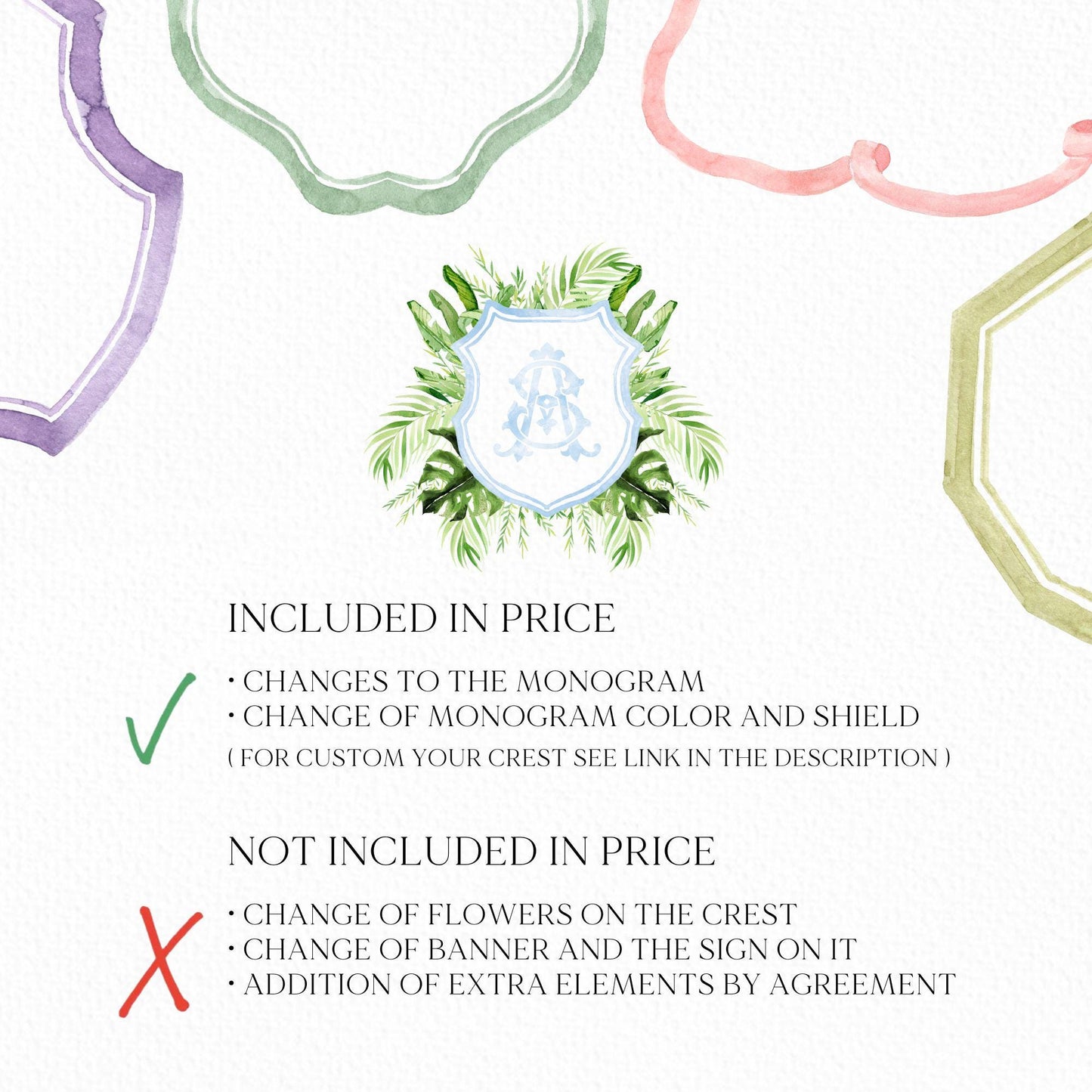 Palm Leaf Greenery Garden Watercolor Wedding Crest - Monogram Crest - Palm leaves Greenery Watercolor Wedding Crest - Romantic Wedding Crest