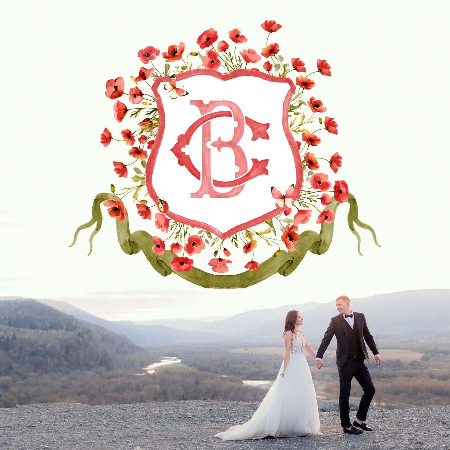 Red Poppy Flower Wedding Crest - Monogram Crest - Watercolor Poppies Floral Luxury Watercolor Wedding Crest - Romantic Wedding Crest