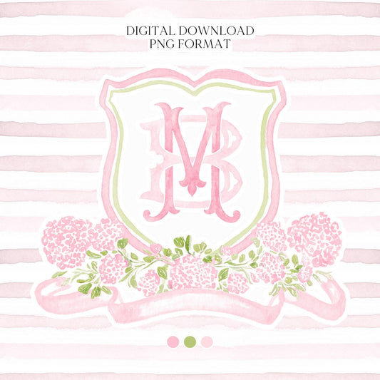 Pink Hydrangea Flower Wedding Crest - Monogram Crest - Light Pink Color Hydrangea Floral Luxury Watercolor Wedding Crest