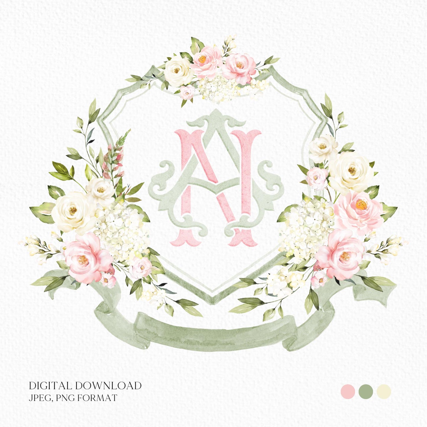 White Roses Hydrangea Flower Wedding Crest - Monogram Crest - Light Roses Floral Luxury Watercolor Wedding Crest - Romantic Wedding Crest