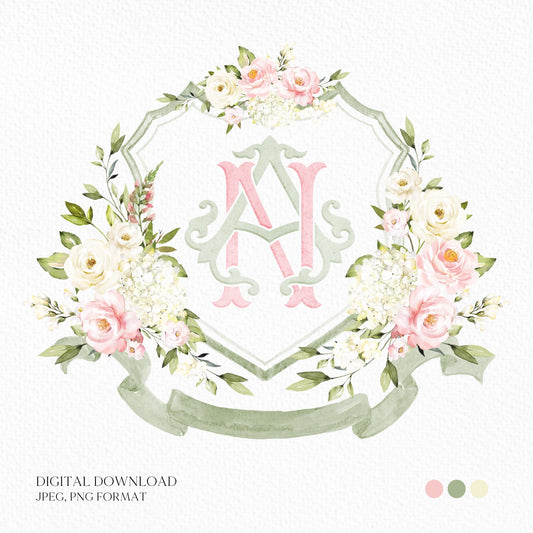 White Roses Hydrangea Flower Wedding Crest - Monogram Crest - Light Roses Floral Luxury Watercolor Wedding Crest - Romantic Wedding Crest