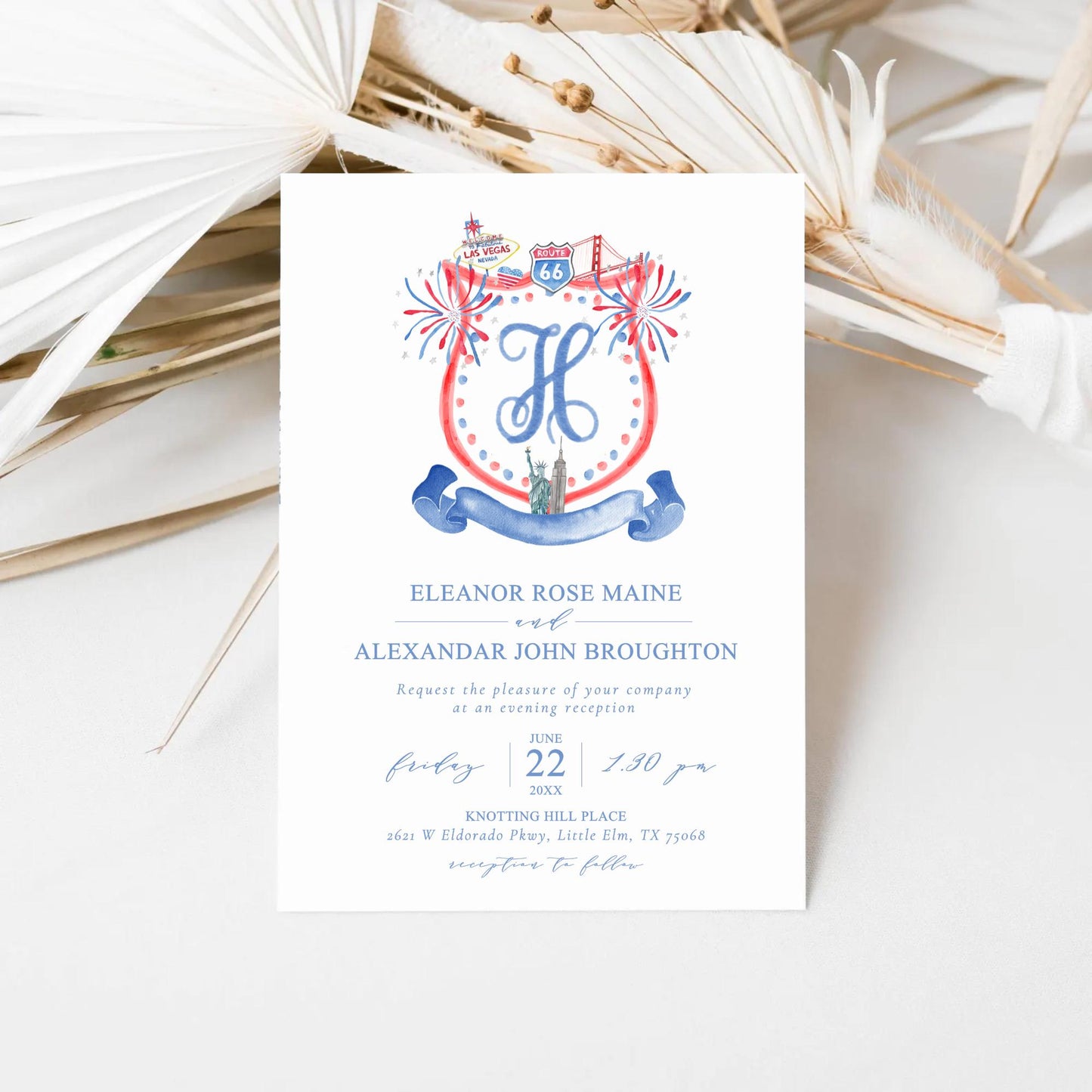 Patriotic 4th July Independence Day Wedding Watercolor Crest - Monogram Crest - Crest USA Watercolor Wedding Crest - Romantic Wedding Crest