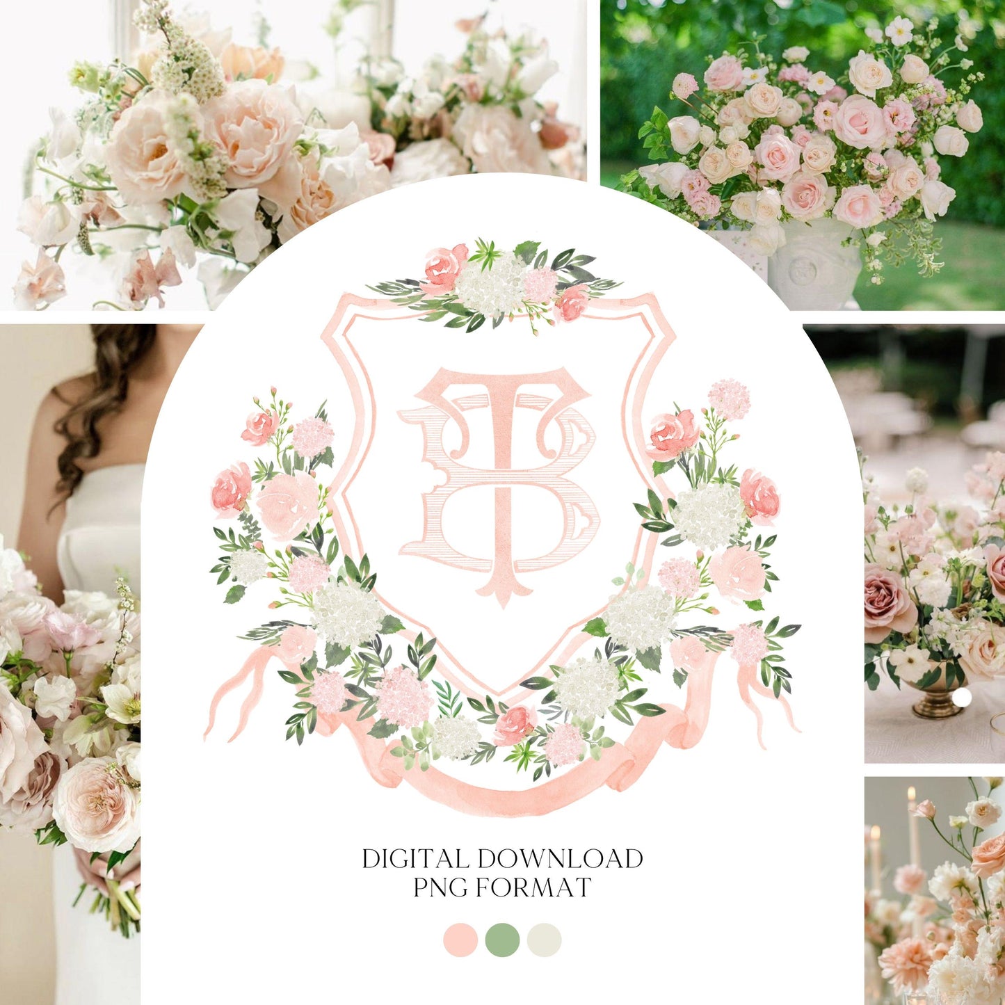 White Hydrangea Blush Peony Flower Wedding Crest - Monogram Crest - Floral Luxury Watercolor Wedding Crest - Romantic Wedding Crest