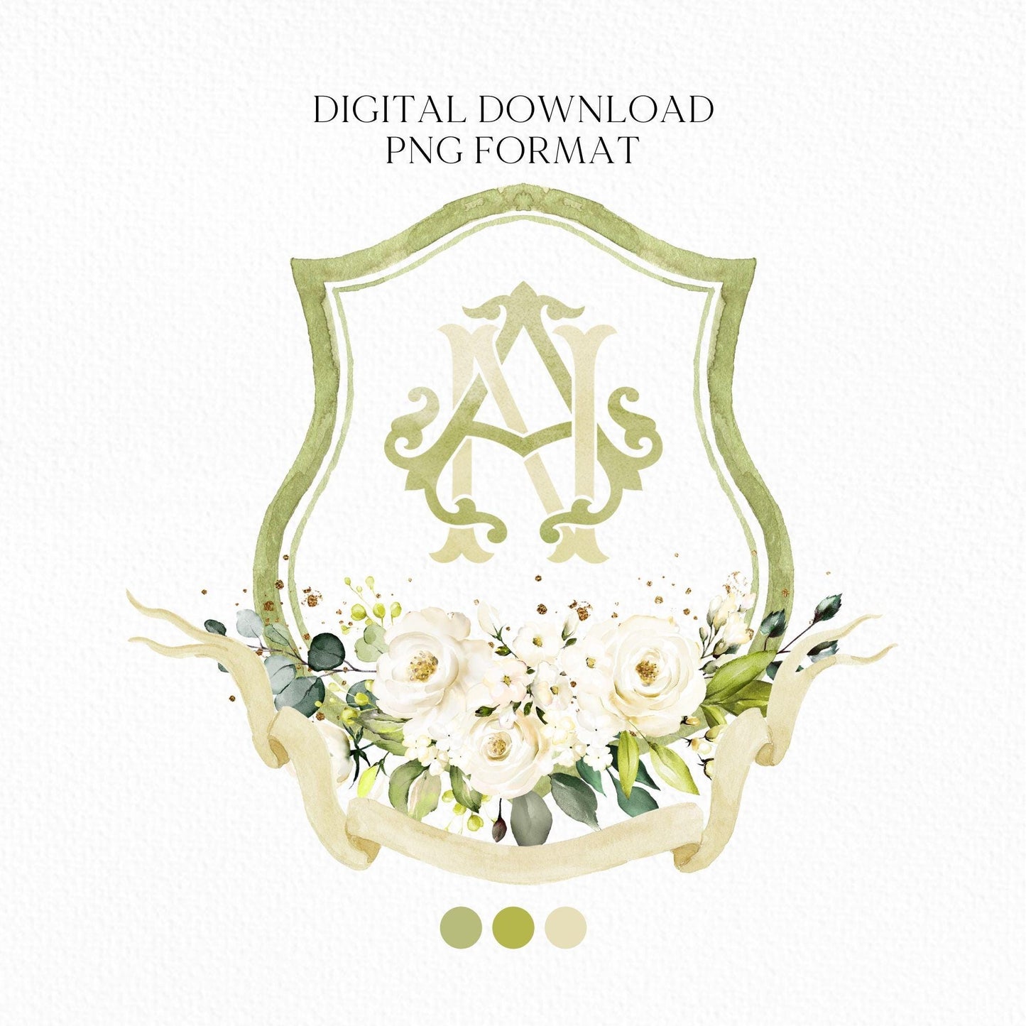 White Roses Eucalyptus Flower Wedding Crest - Monogram Crest - White Floral Luxury Watercolor Wedding Crest - Romantic Wedding Crest