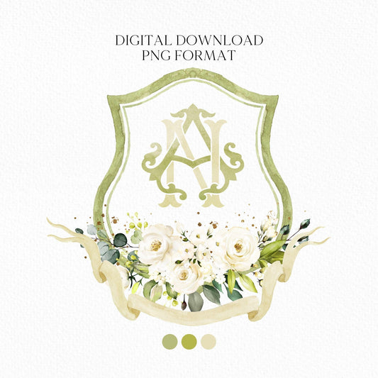 White Roses Eucalyptus Flower Wedding Crest - Monogram Crest - White Floral Luxury Watercolor Wedding Crest - Romantic Wedding Crest