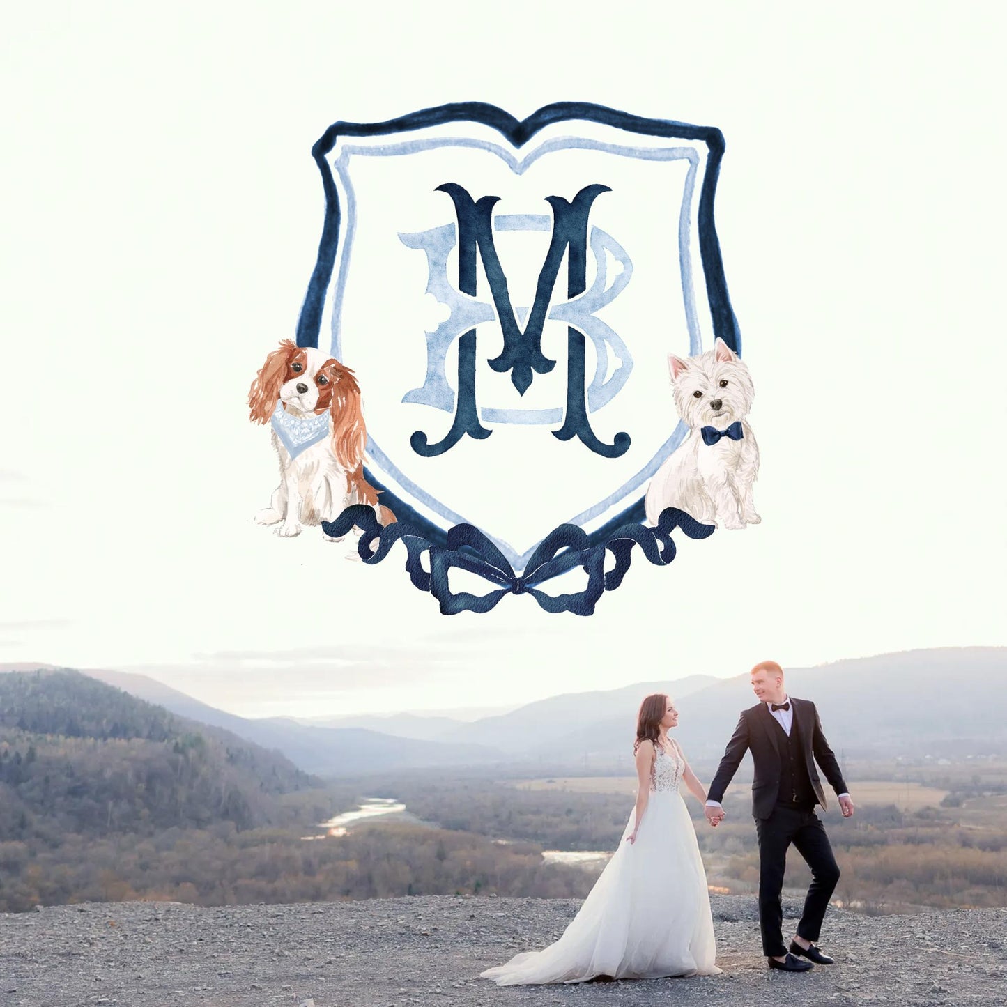 Dark Blue Watercolor Classic Eucalyptus Ribbon Flower Wedding Crest - Monogram Crest - Watercolor Wedding Crest - Romantic Wedding Crest