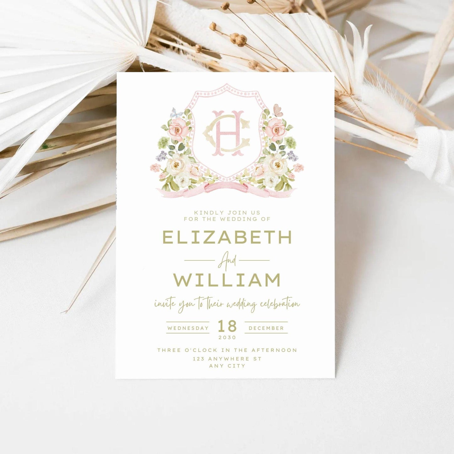Rose Spring Greenery White Flower Wedding Crest - Monogram Crest - blush Pink Floral Watercolor Wedding Crest - Romantic Wedding Crest