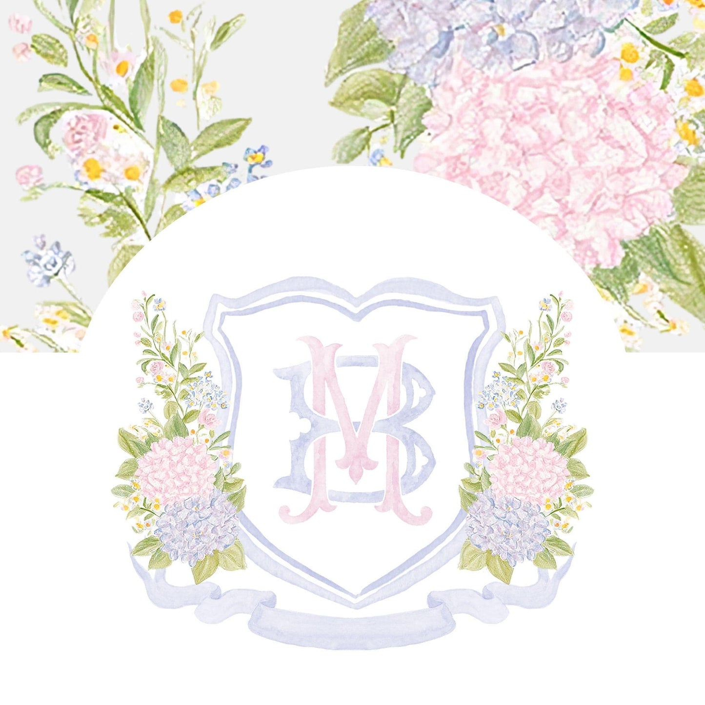 Blue Pink Hydrangea Flower Wedding Crest - Monogram Crest - Pastel Color Hydrangea Floral Luxury Watercolor Wedding Crest