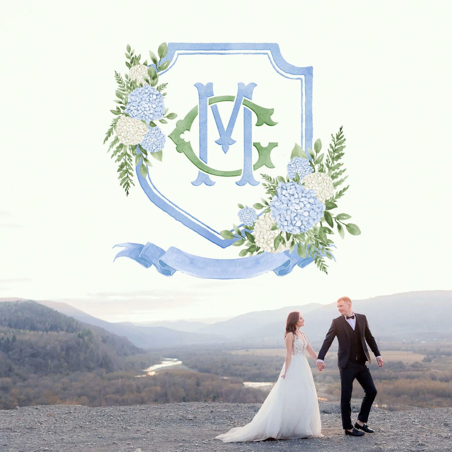 Blue White Hydrangea Flower Wedding Crest - Monogram Crest - Hydrangea Floral Luxury Watercolor Wedding Crest - Romantic Wedding Crest