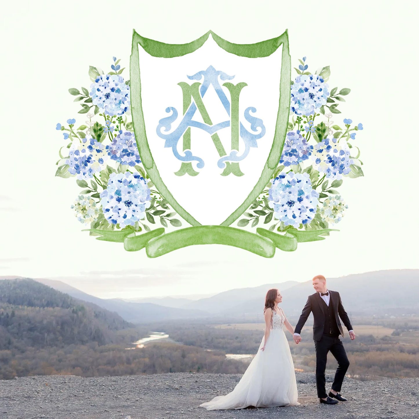 Hydrangea Flower Wedding Crest - Monogram Crest - Hydrangea Floral Luxury Watercolor Wedding Crest - Romantic Wedding Crest- Boho Hydrangea