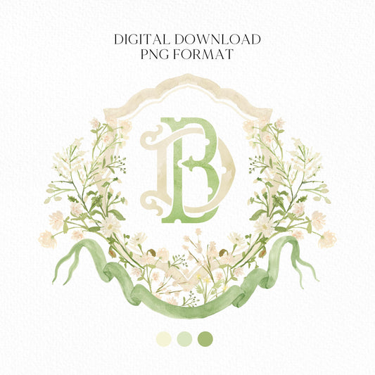 White WildFlower Wedding Crest - Monogram Crest - WildFlower Floral Luxury Watercolor Wedding Crest - Romantic Wedding Crest
