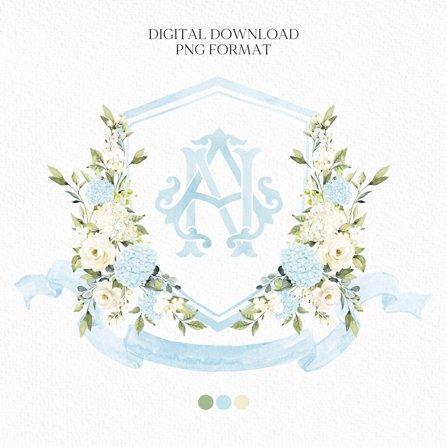 Light Dusty Blue Hydrangea Flower Wedding Crest - Monogram Crest - White Hydrangea Floral Watercolor Wedding Crest - Romantic Wedding Crest