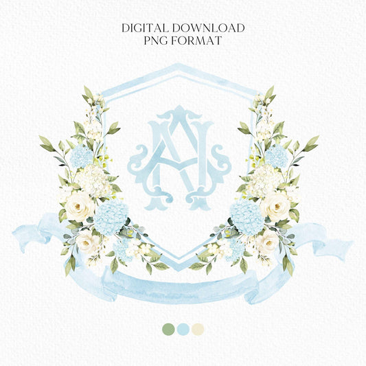 Light Dusty Blue Hydrangea Flower Wedding Crest - Monogram Crest - White Hydrangea Floral Watercolor Wedding Crest - Romantic Wedding Crest