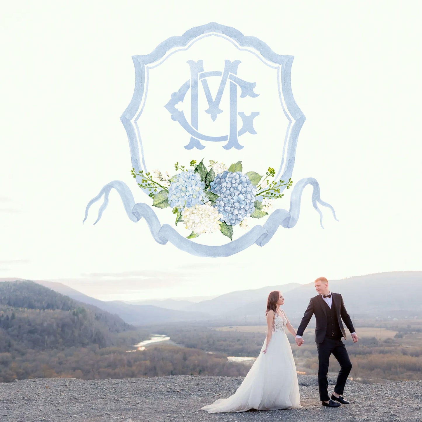Dusty Blue Hydrangea Flower Wedding Crest - Monogram Crest - Hydrangea Floral Luxury Watercolor Wedding Crest - Romantic Wedding Crest