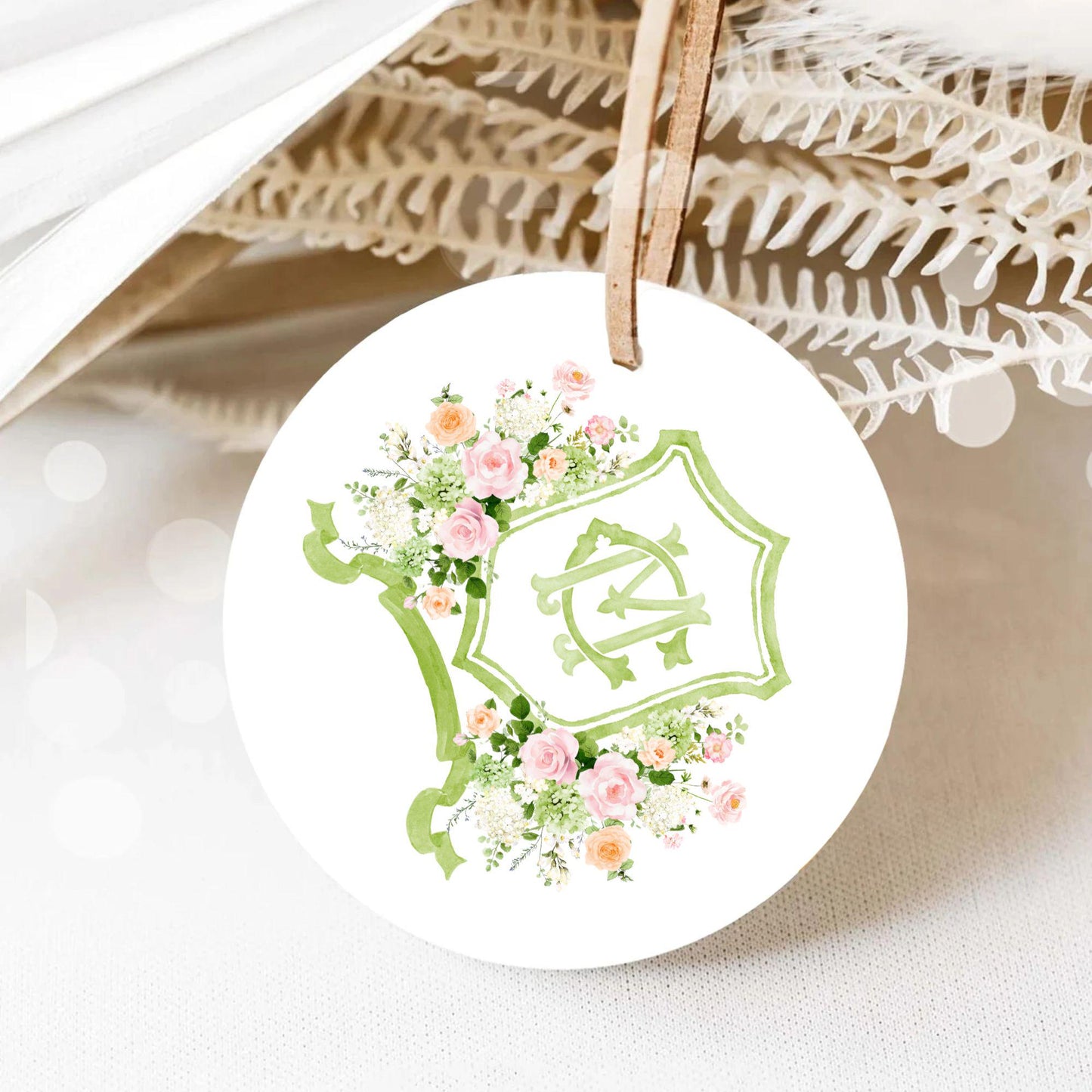 White Roses Blush Pink Rose Flower Wedding Crest - Monogram Crest - Green Hydrangea Floral Luxury Watercolor Wedding Crest