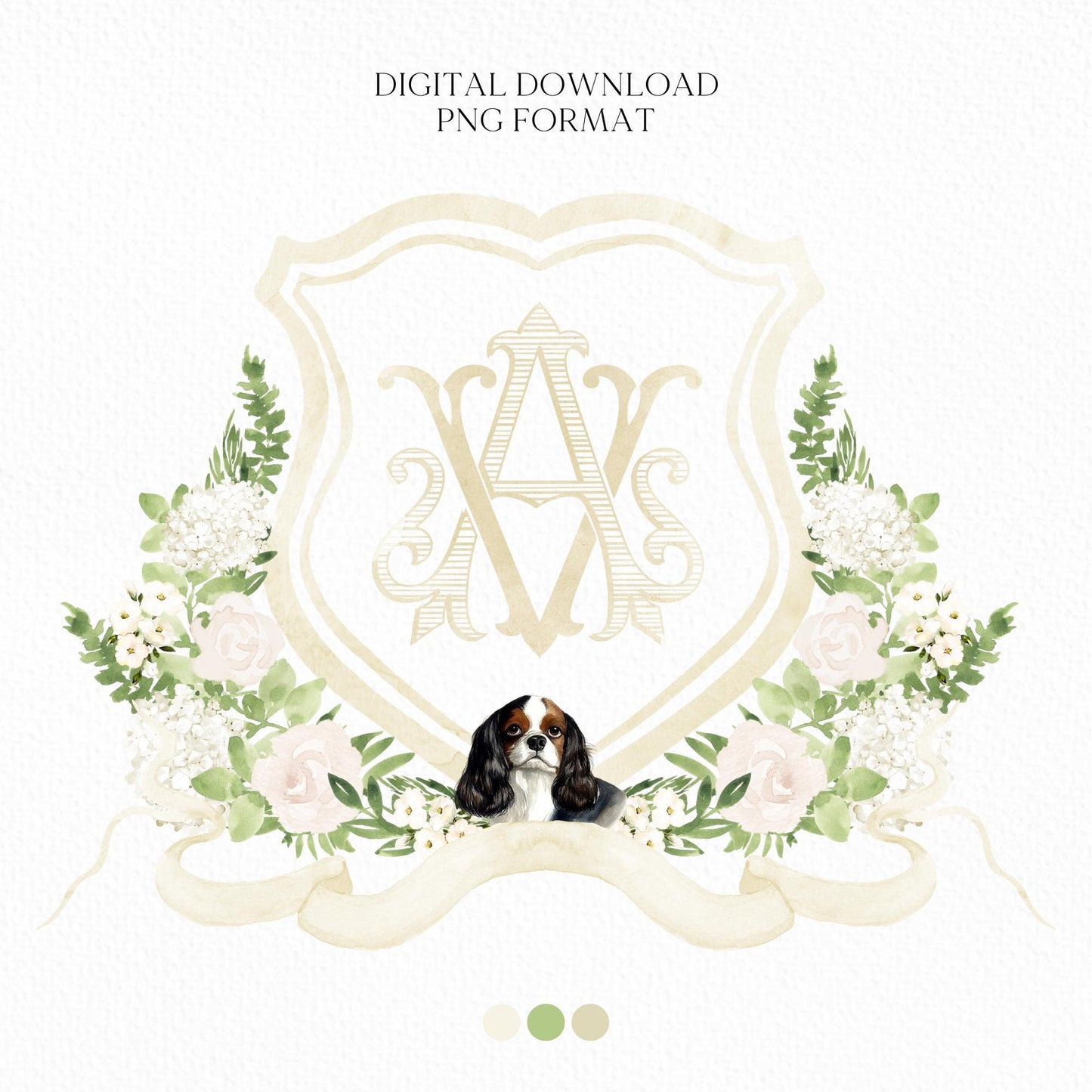 Hydrangea White Rose Greenery Flower Wedding Crest - Monogram Crest - Hydrangea White Floral Watercolor Wedding Crest Romantic Wedding Crest