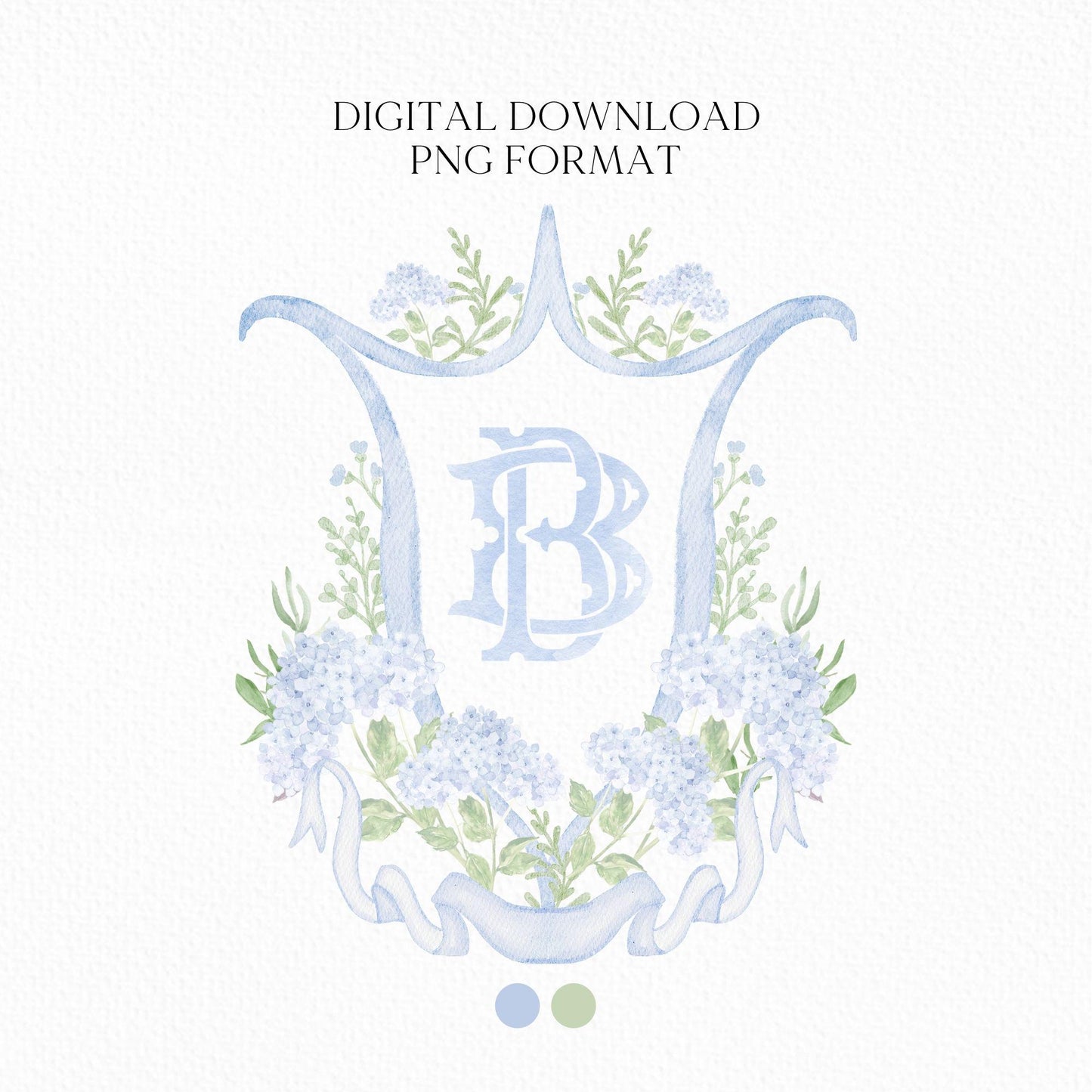 Blue Hydrangea Flower Wedding Crest - Monogram Crest - Hydrangea Light Blue Floral Luxury Watercolor Wedding Crest - Romantic Wedding Crest
