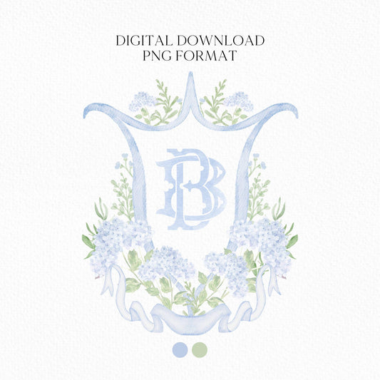 Blue Hydrangea Flower Wedding Crest - Monogram Crest - Hydrangea Light Blue Floral Luxury Watercolor Wedding Crest - Romantic Wedding Crest