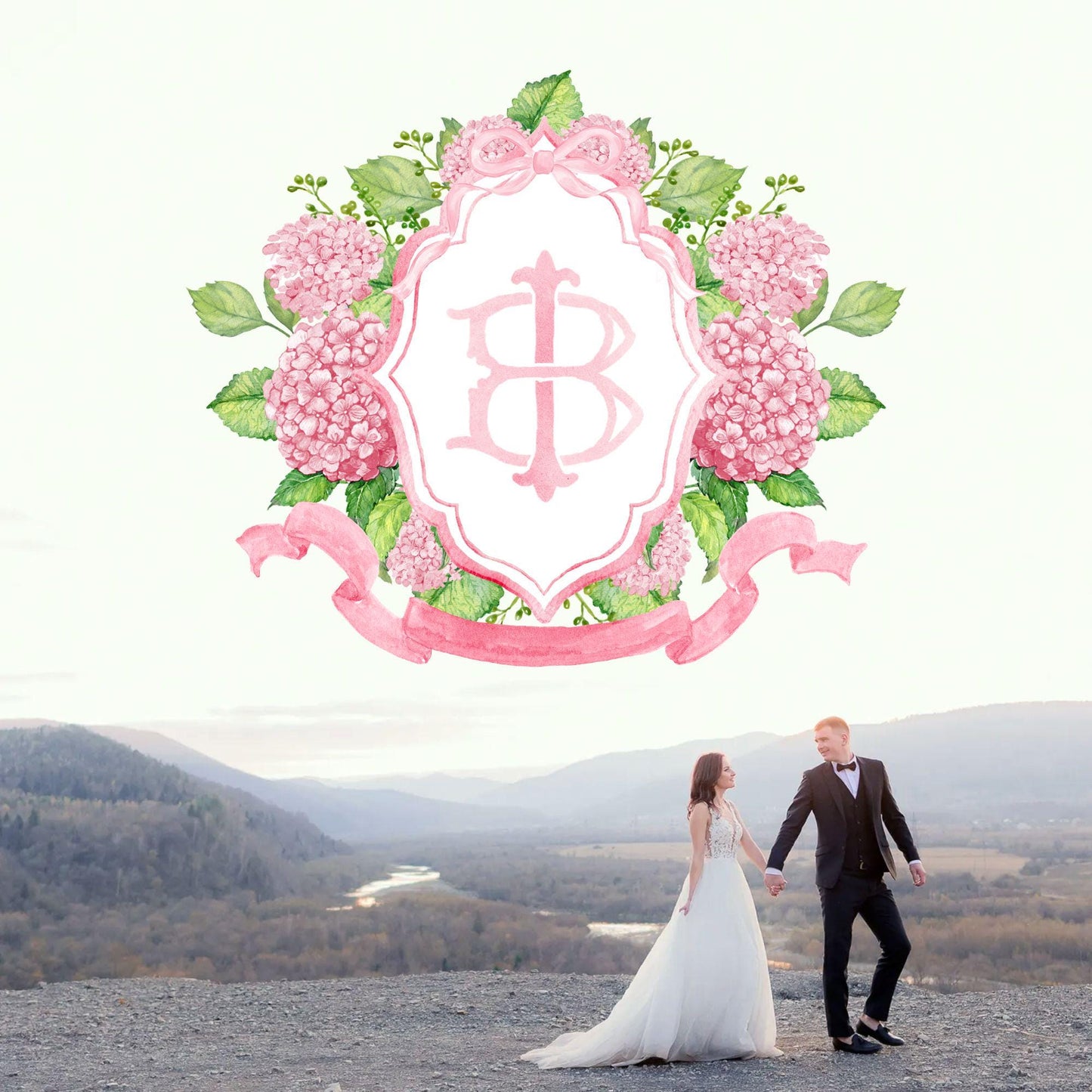 Pink Hydrangea Flower Wedding Crest - Monogram Crest - Hydrangea Floral Luxury Watercolor Wedding Crest - Romantic Wedding Crest