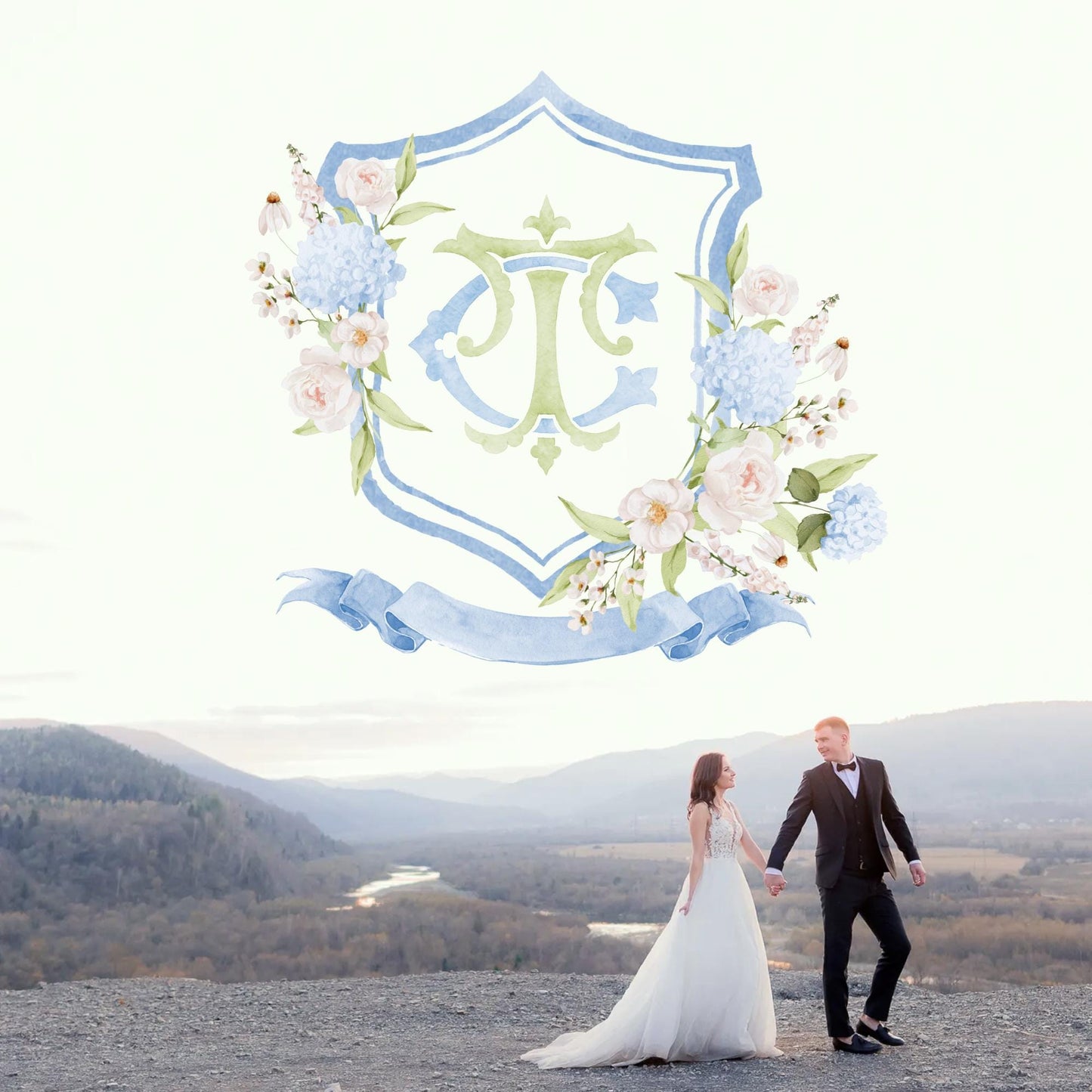 Light Blue Hydrangea Flower Wedding Crest - Monogram Crest - Hydrangea Floral Luxury Watercolor Wedding Crest - Romantic Wedding Crest