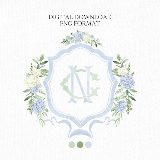 Hydrangea Flower Wedding Crest - Monogram Crest - Hydrangea Floral Luxury Watercolor Wedding Crest - Romantic Wedding Crest- Boho Hydrangea
