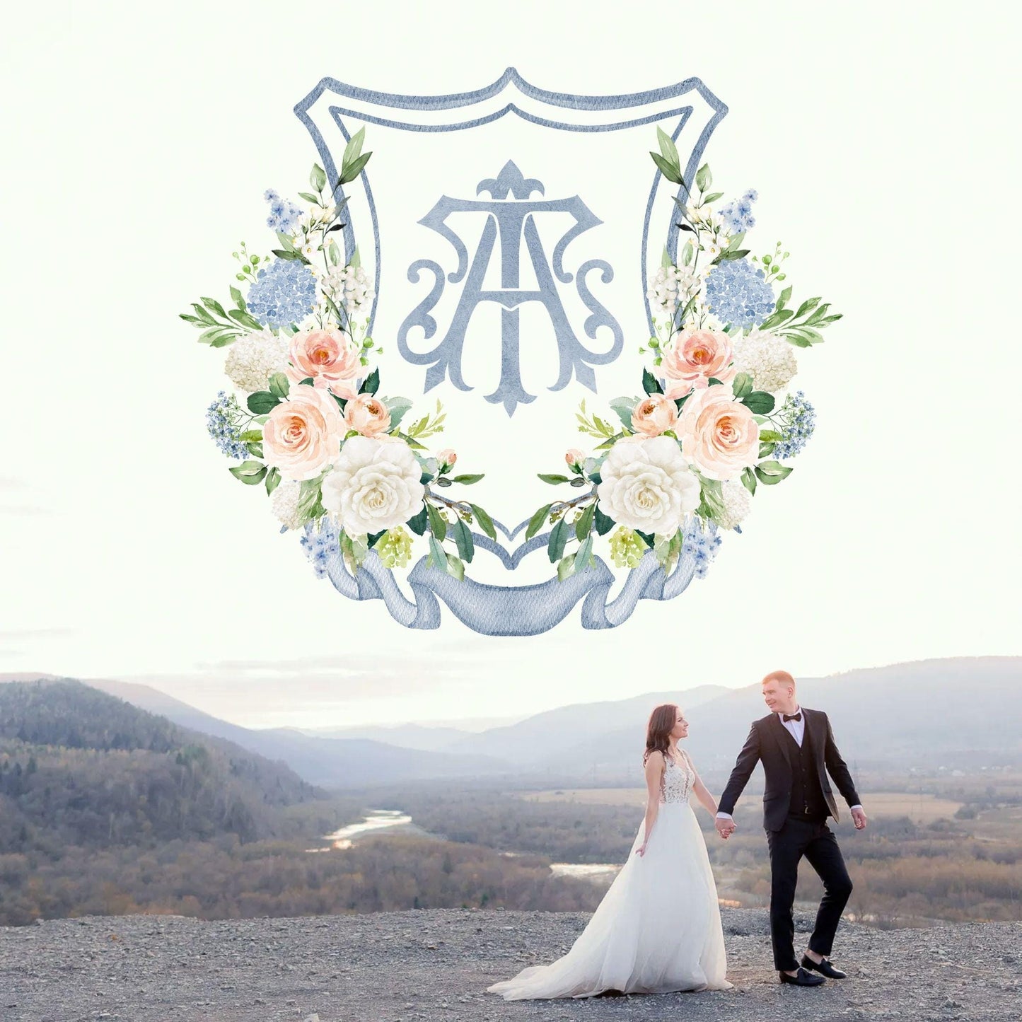 Being Dusty Light blue  Flower Wedding Crest - Monogram Crest - White Floral Watercolor Wedding Crest - Wedding Crest - Boho Hydrangea