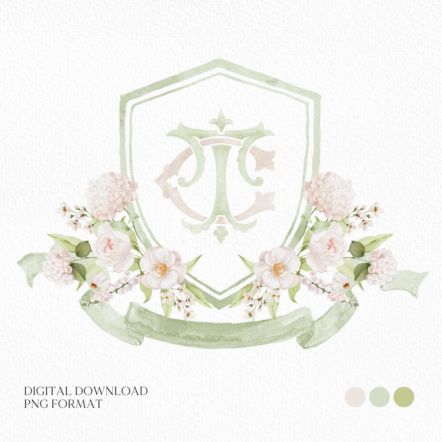 Hydrangea White Flower Wedding Crest - Monogram Crest - White Hydrangea Floral Luxury Watercolor Wedding Crest - Romantic Wedding Crest