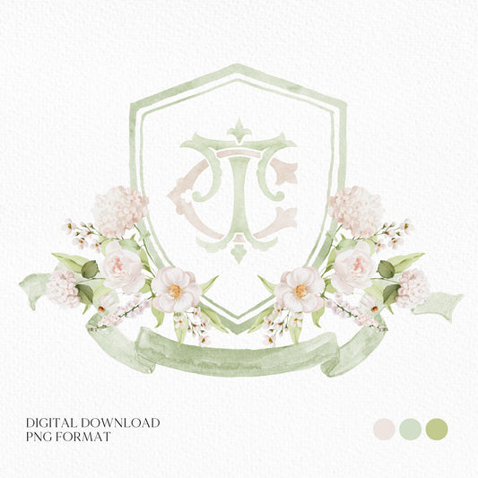 Hydrangea White Flower Wedding Crest - Monogram Crest - White Hydrangea Floral Luxury Watercolor Wedding Crest - Romantic Wedding Crest