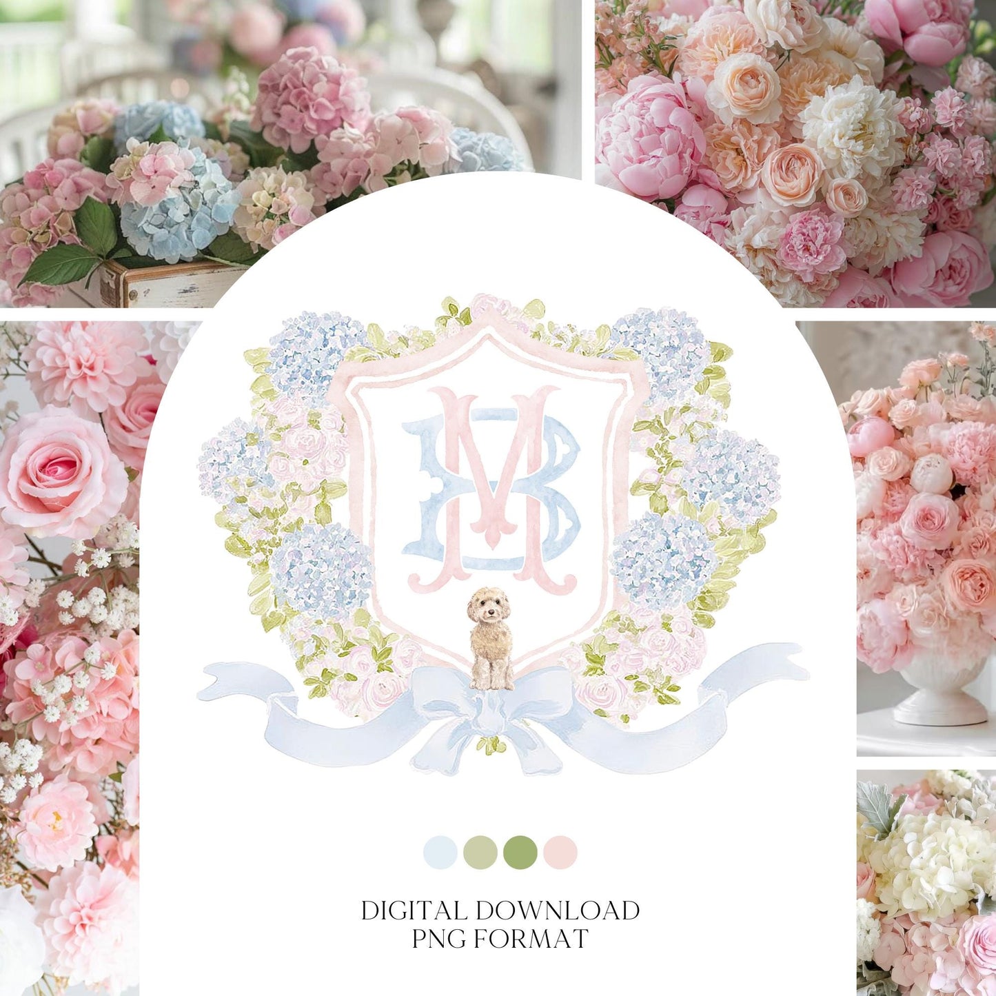 Hydrangea Pink Green Floral Wedding Crest - Monogram Crest - Green Baby's Breath Hydrangea Floral Luxury Watercolor Wedding Crest