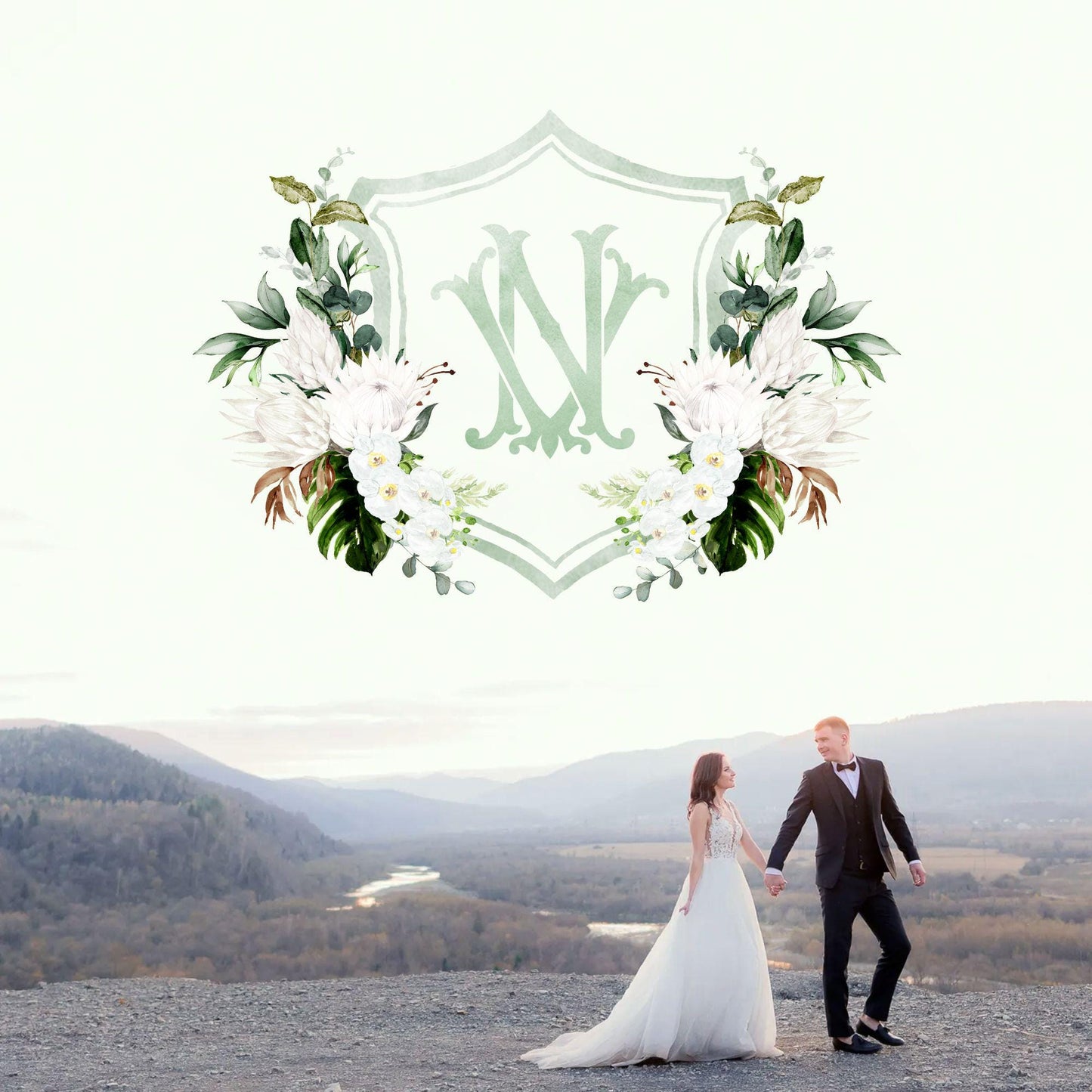 White Green Orchid Protea Tropical Flower Wedding Crest - Monogram Crest - Orchid Floral Watercolor Wedding Crest - Romantic Wedding Crest
