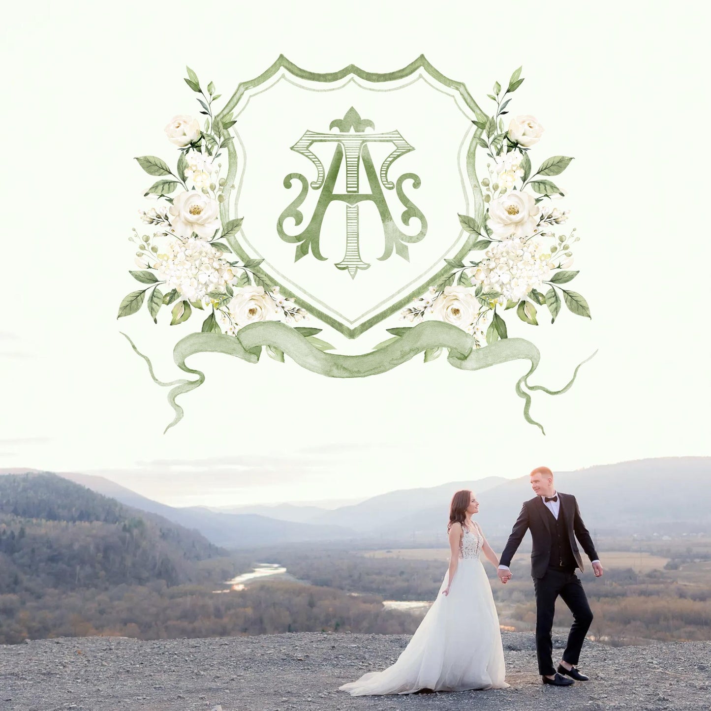 Hydrangea White Rose Greenery Flower Wedding Crest - Monogram Crest - Hydrangea White Floral Watercolor Wedding Crest Romantic Wedding Crest