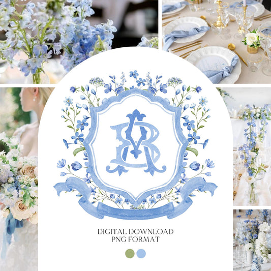 Blue WildFlower Wedding Crest - Monogram Crest - WildFlower Floral Luxury Watercolor Wedding Crest - Romantic Wedding Crest, Boho WildFlower