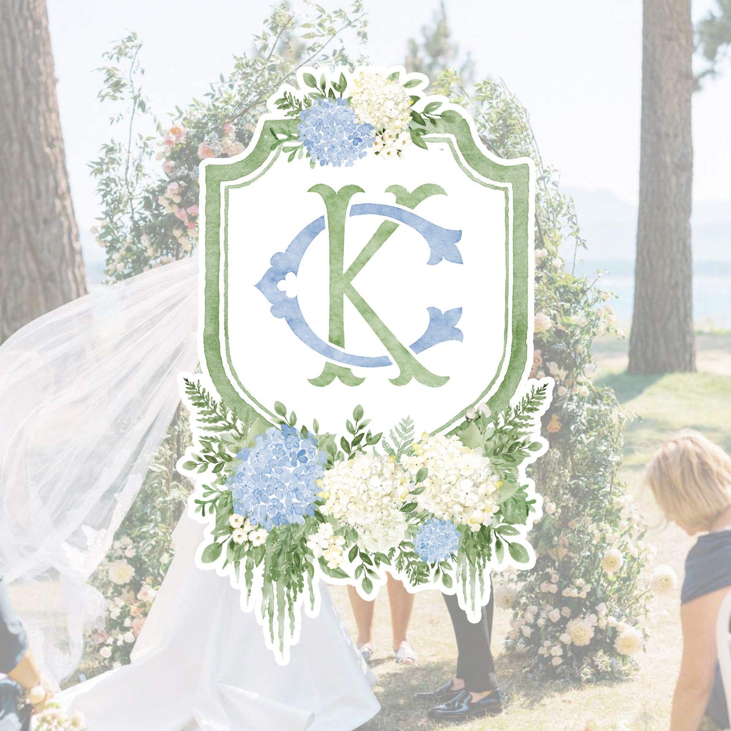 Blue Hydrangea Flower Wedding Crest - Monogram Crest - Hydrangea White Floral Luxury Watercolor Wedding Crest - Romantic Wedding Crest