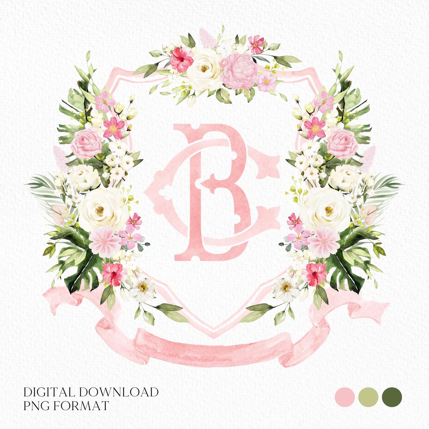 White Roses Floral Watercolor With  Palm Wedding Crest - Monogram Crest - Tropical Palm Watercolor Flowers Wedding Crest - Romantic Wedding