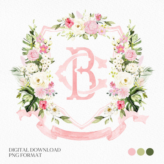 White Roses Floral Watercolor With  Palm Wedding Crest - Monogram Crest - Tropical Palm Watercolor Flowers Wedding Crest - Romantic Wedding