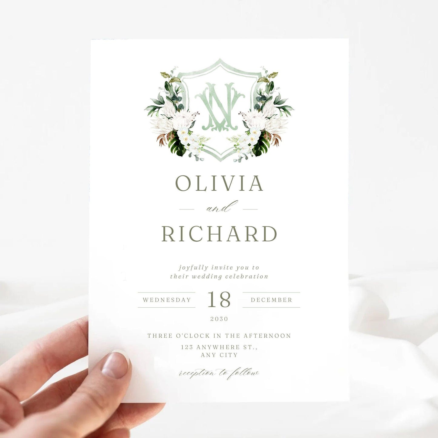 White Green Orchid Protea Tropical Flower Wedding Crest - Monogram Crest - Orchid Floral Watercolor Wedding Crest - Romantic Wedding Crest